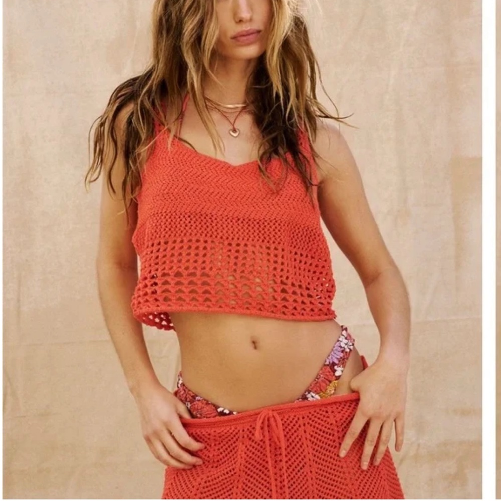 Free People Red Crochet Swim Coverup- Fuego Set